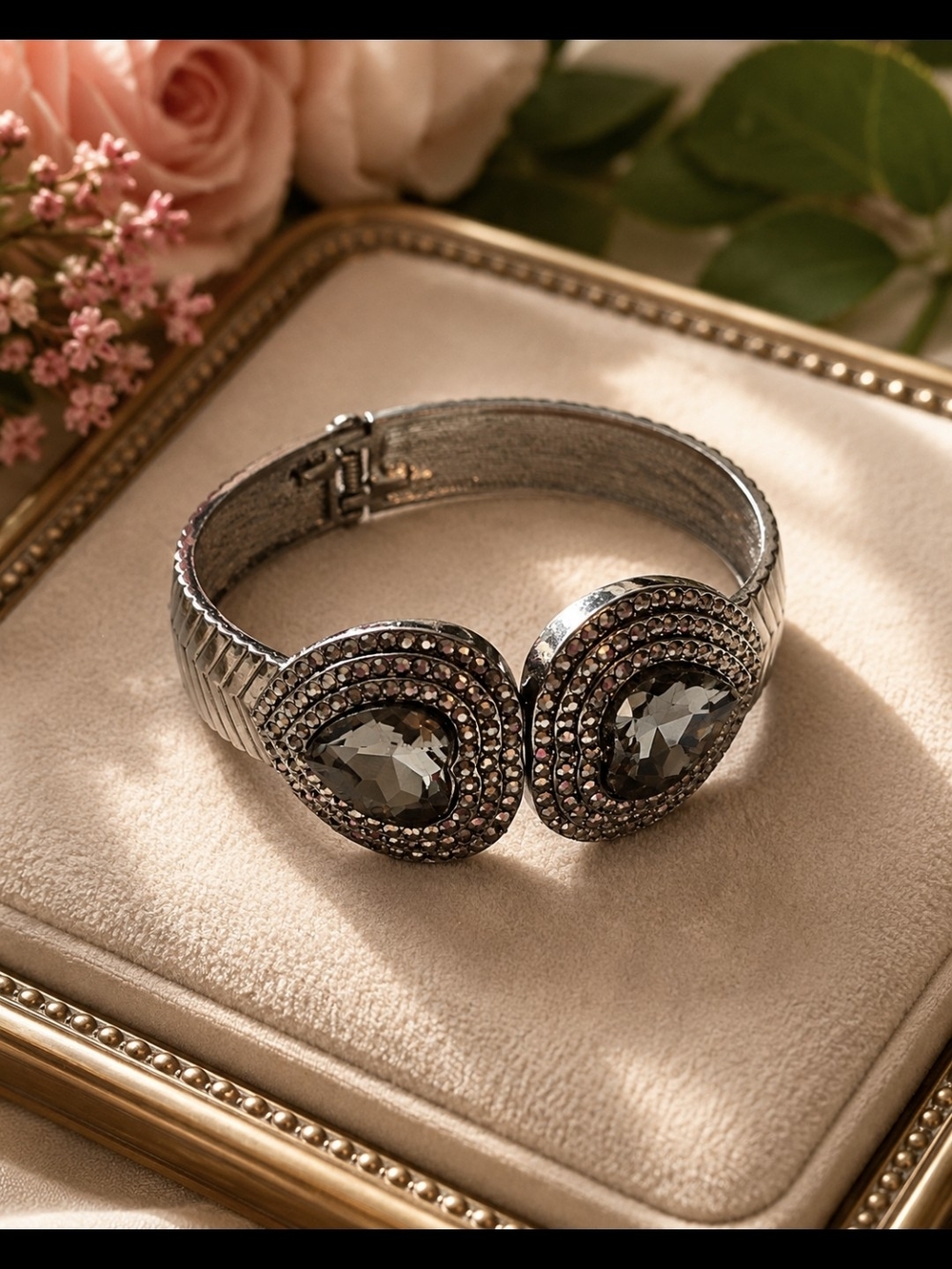 Silver-Tone Crystal Teardrop Hinged Merchasite Crystal Bracelet Women's Jewelry